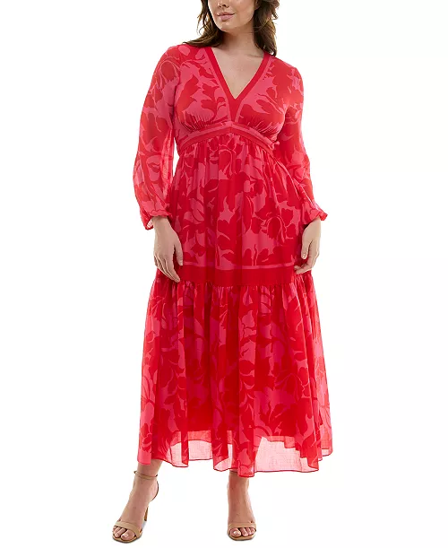 plus size floral-print blouson-sleeve maxi dress