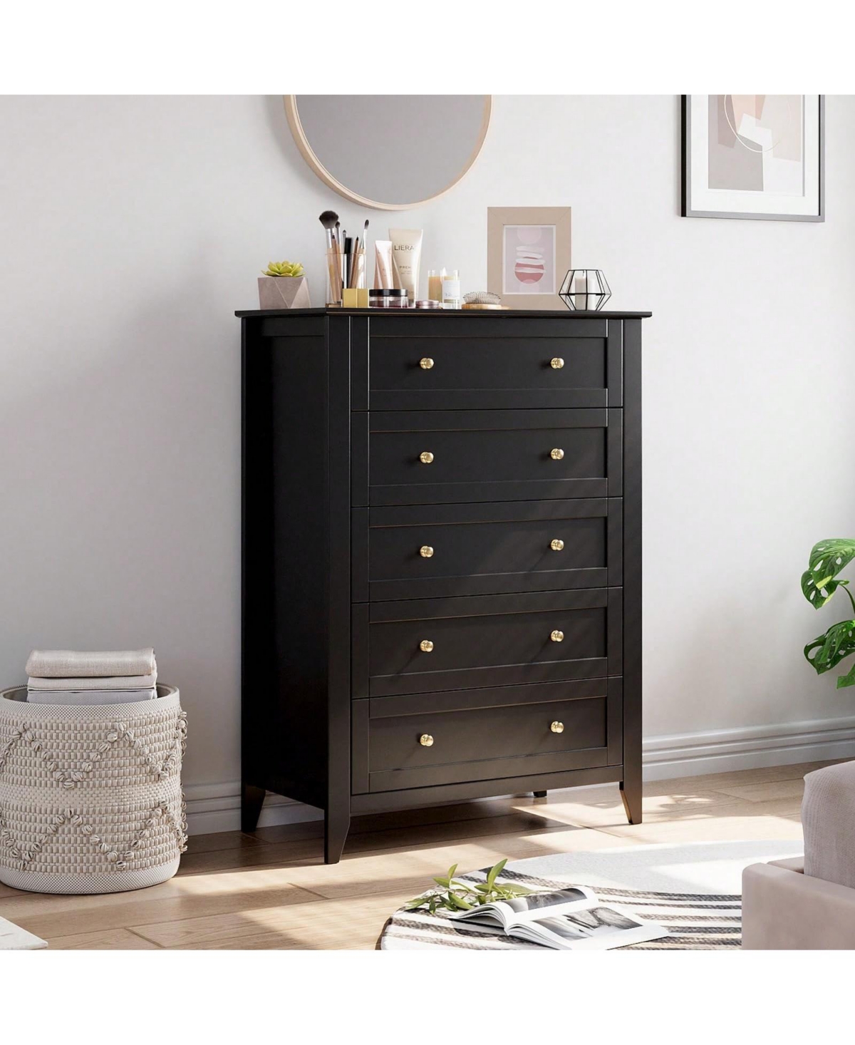 5 Chest Of Drawer Dresser, Modern Tall Nightstand With Deep Drawers And Nickel Round Handle, Wood Organizer Storage Cabinet For Bedroom, Living Room