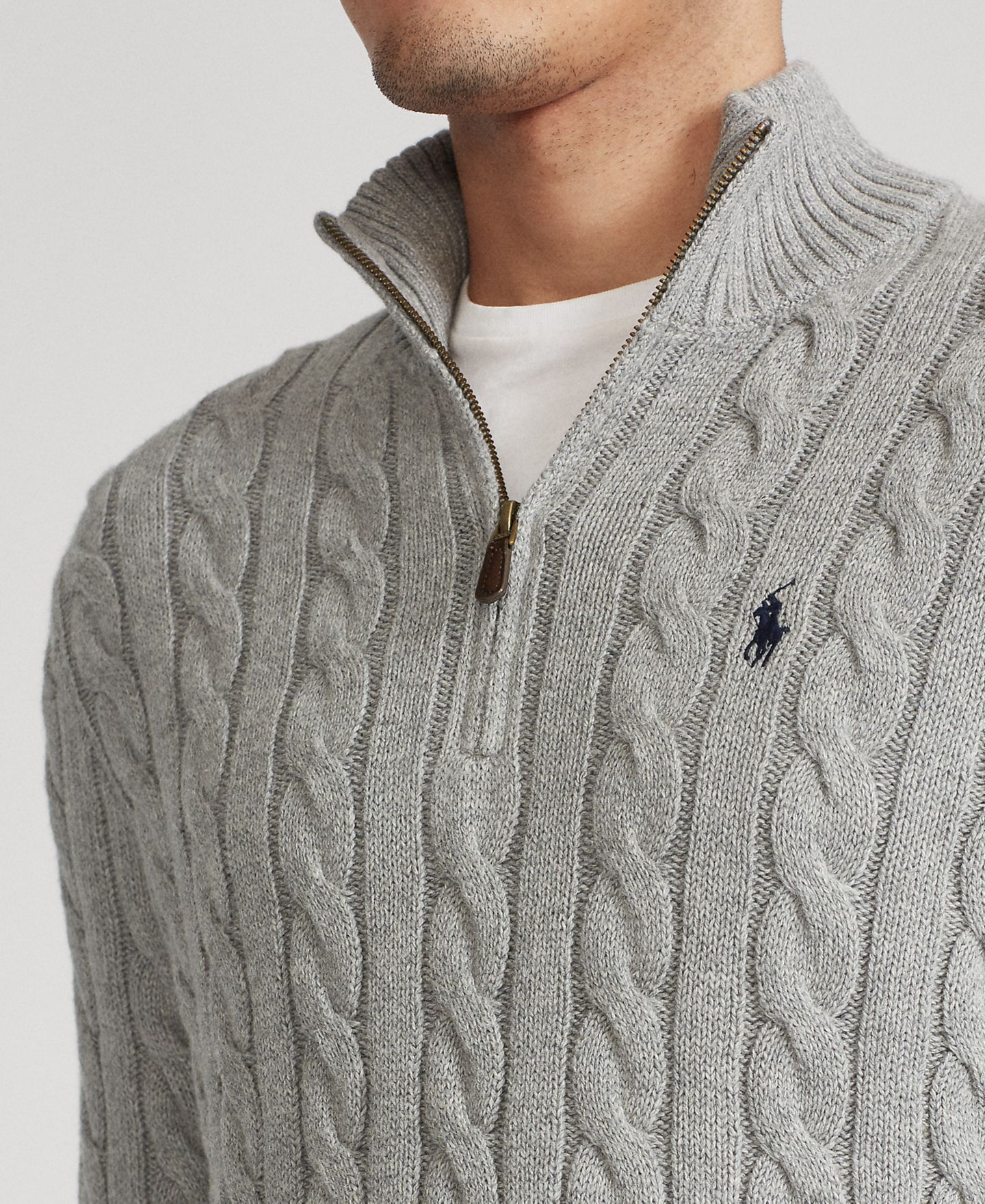 Мужской свитер Polo Ralph Lauren Big & Tall Cable-Knit Cotton Quarter-Zip, цвет: Палевый серый меланжевый — фото 9