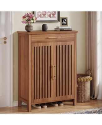 31.49" Wood 5-Tier Shoe Cabinet with Louvered Doors & Drawer Adjustable Shelves Freestanding Organizer for Entryway & Closet