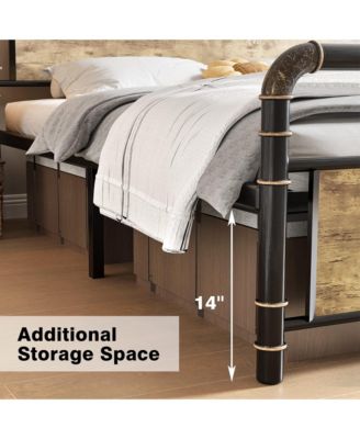 Queen Metal Bed Frame with Wood Headboard & Footboard, Heavy Duty Platform Bed Frame with 14" Under-Bed Storage