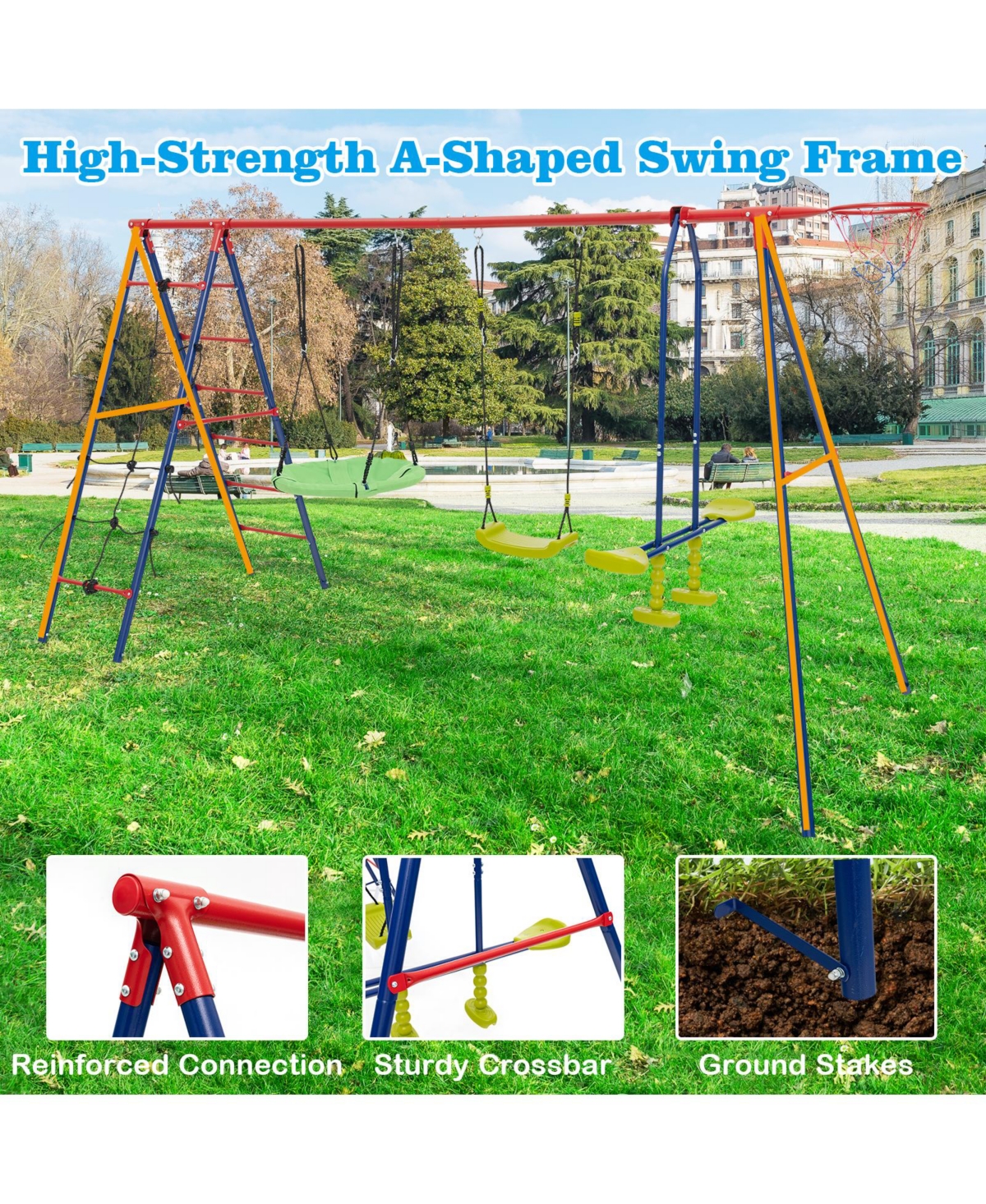 Hongge 550 Lbs 6-in-1 Patio Kids Swing Set with Climbing Net and Ladder