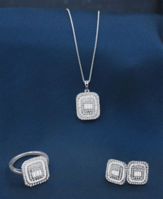 Diamond Round & Baguette Square Halo Cluster Stud Earrings (1 ct. t.w.) in 14k White Gold, Created for Macy's