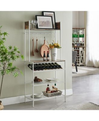 Red Tile Bakers Rack with 9 Wine Bottle Capacity Rack & 8 Hooks - Kitchen Storage Organizer