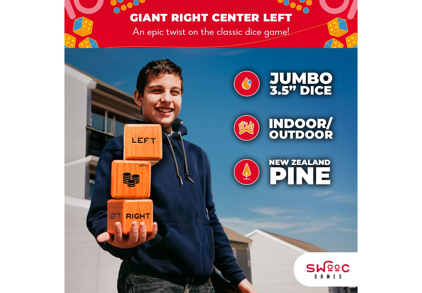 Детские игрушки SWOOC Giant Right Center Left Dice Game (All Weather) w/ 24 Large Chips & Carry Bag - Jumbo Wooden Lawn Game - Backyard Games — фото 3