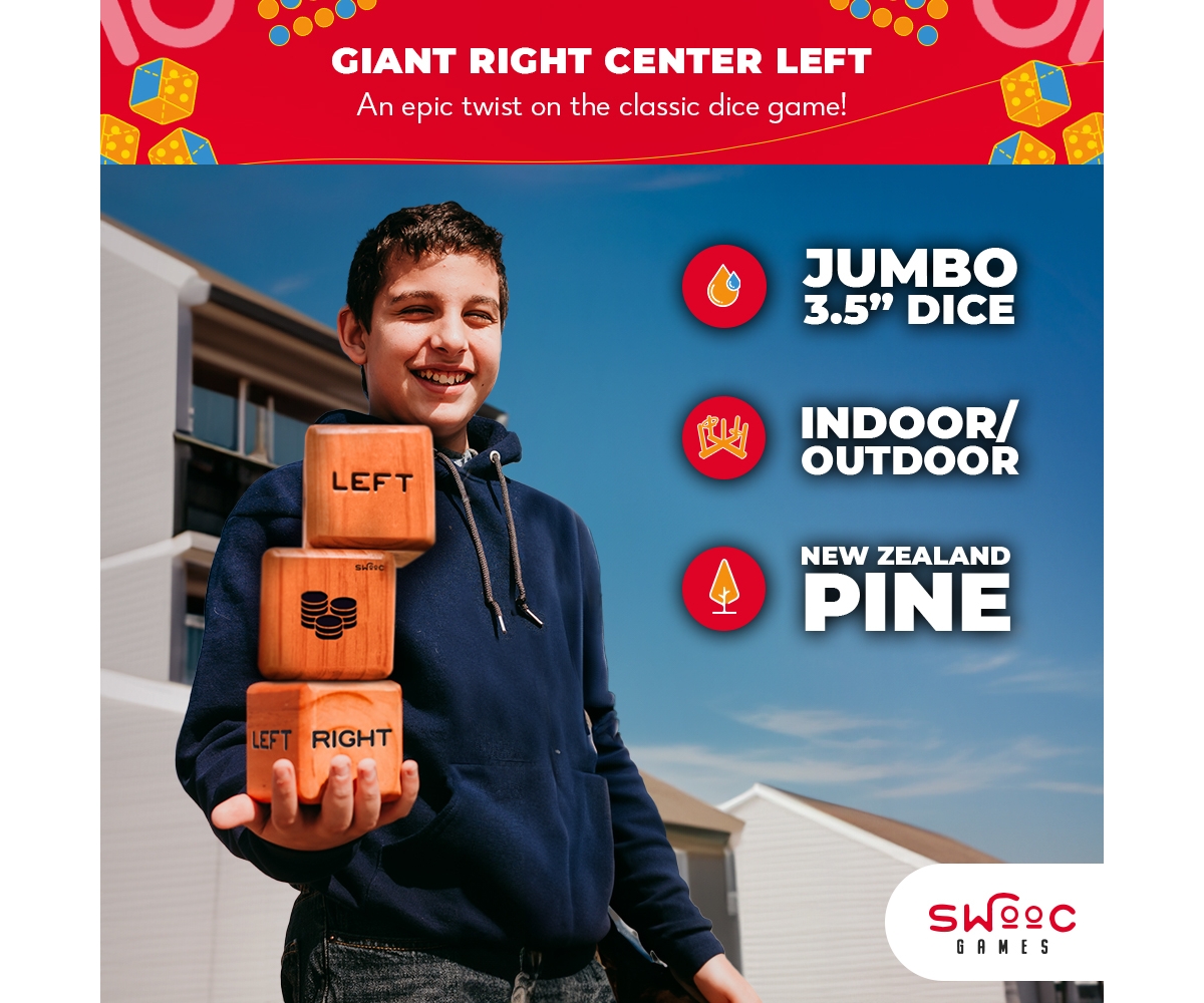 Swooc Giant Right Center Left Dice Game (All Weather) with 24 Large Chips & Carry Bag - Jumbo Wooden Lawn Game - Lcr Dice Game