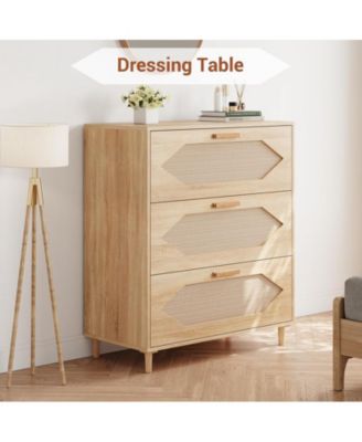 rustic oak spacious rattan wood dresser with 3 drawers – modern bedroom chest