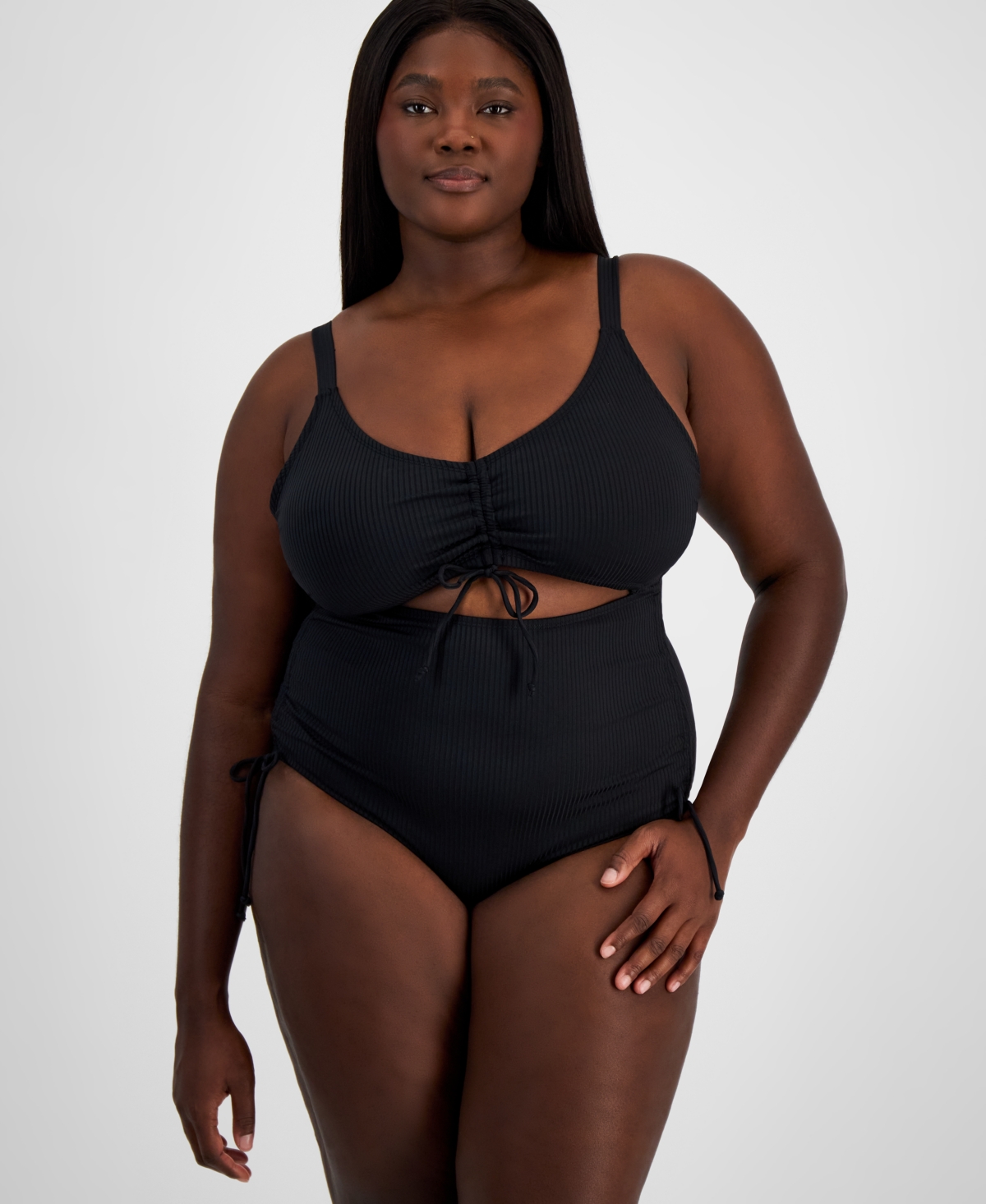 Trendy Plus Size Ribbed Cutout One-Piece Swimsuit, Created for Macy's - Rich Black