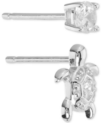 2-Pc. Set Cubic Zirconia Turtle & Solitaire Stud Earrings in Sterling Silver (Also available 14k Gold over Sterling Silver)
