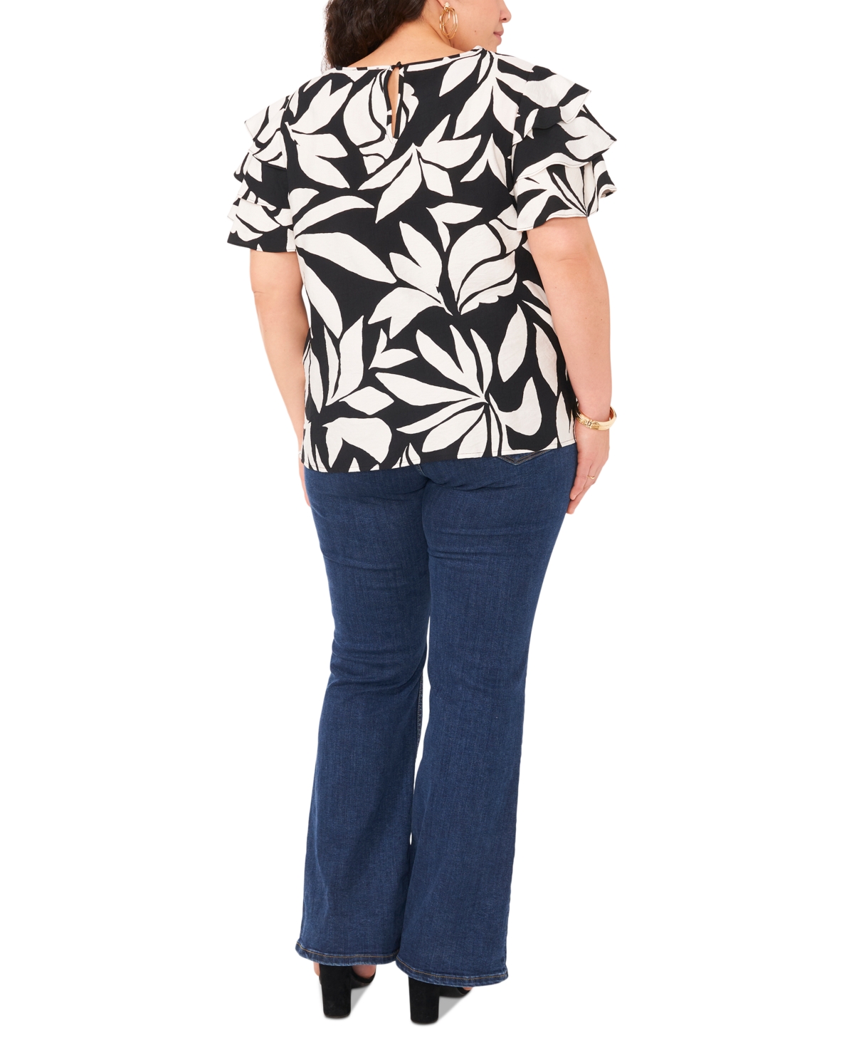 Vince Camuto Plus Size Printed Tiered-Ruffle-Sleeve Top