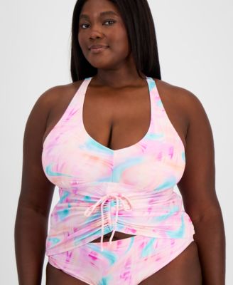 Salt + Cove - Trendy Plus Size Tie-Dye Drawstring Tankini Top
