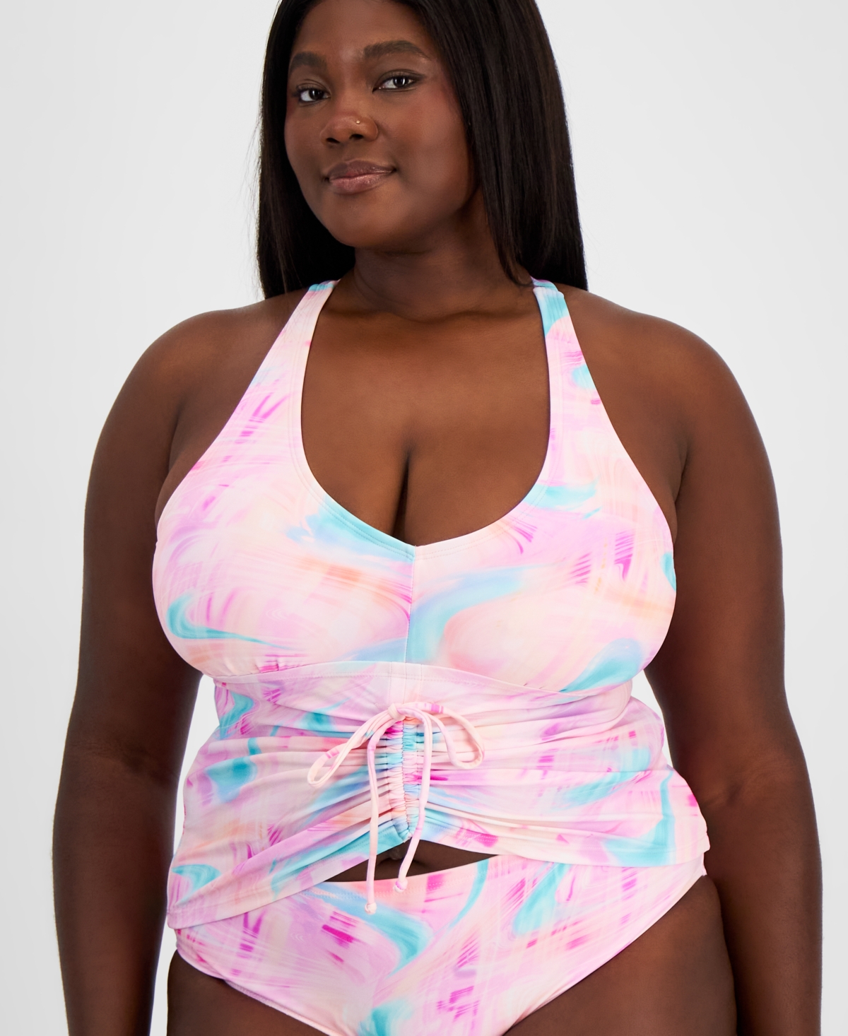 Trendy Plus Size Tie-Dye Drawstring Tankini Top, Created for Macy's - Wave After Wave Multi