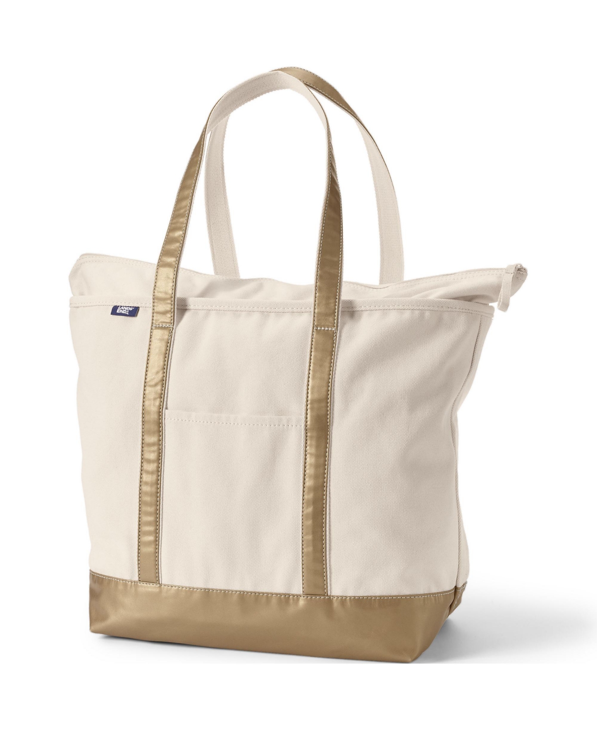 Lands' End Metallic 5 Pocket Zip Top Long Handle Canvas Tote Bag -bronze metallic