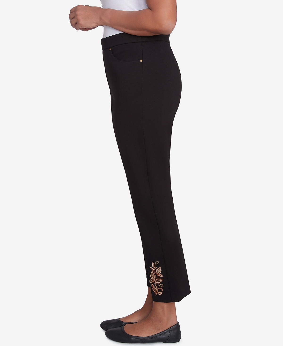 Alfred Dunner Petite Rue Rivoli Embroidered Leaf Flat Elastic Waist Short Length Ponte Pants In Black