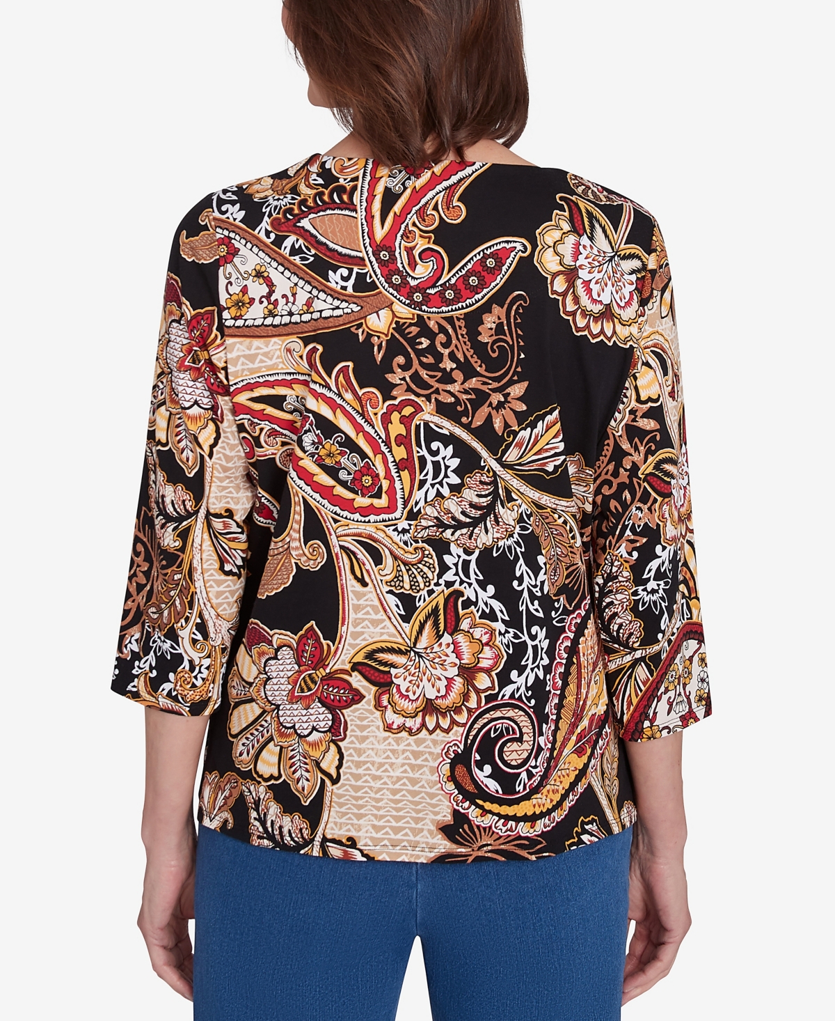 Alfred Dunner Women's Braided Neck Paisley Tee -Tan