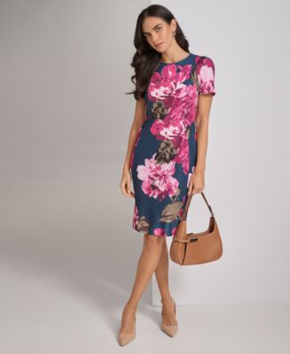 calvin klein women's jewel-neck 3/4-sleeve chiffon dress Calvin Klein Women's Three-Quarter Sleeve V-Neck Short Dress - Indigo/Regal Multi