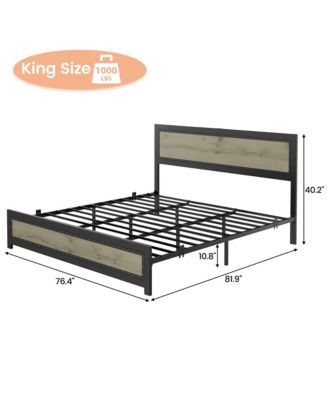 King Size Bed Frame with Headboard, Industrial Platform Bed Frame with Charging Station