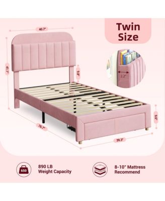 Twin Size Bed Frames with Storage Headboard, Velvet Upholstered Platform Bed Frame with Strong Wooden Slats