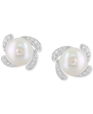 Freshwater Pearl (8mm) & Diamond Earrings (1/10 ct. t.w.) in Sterling Silver