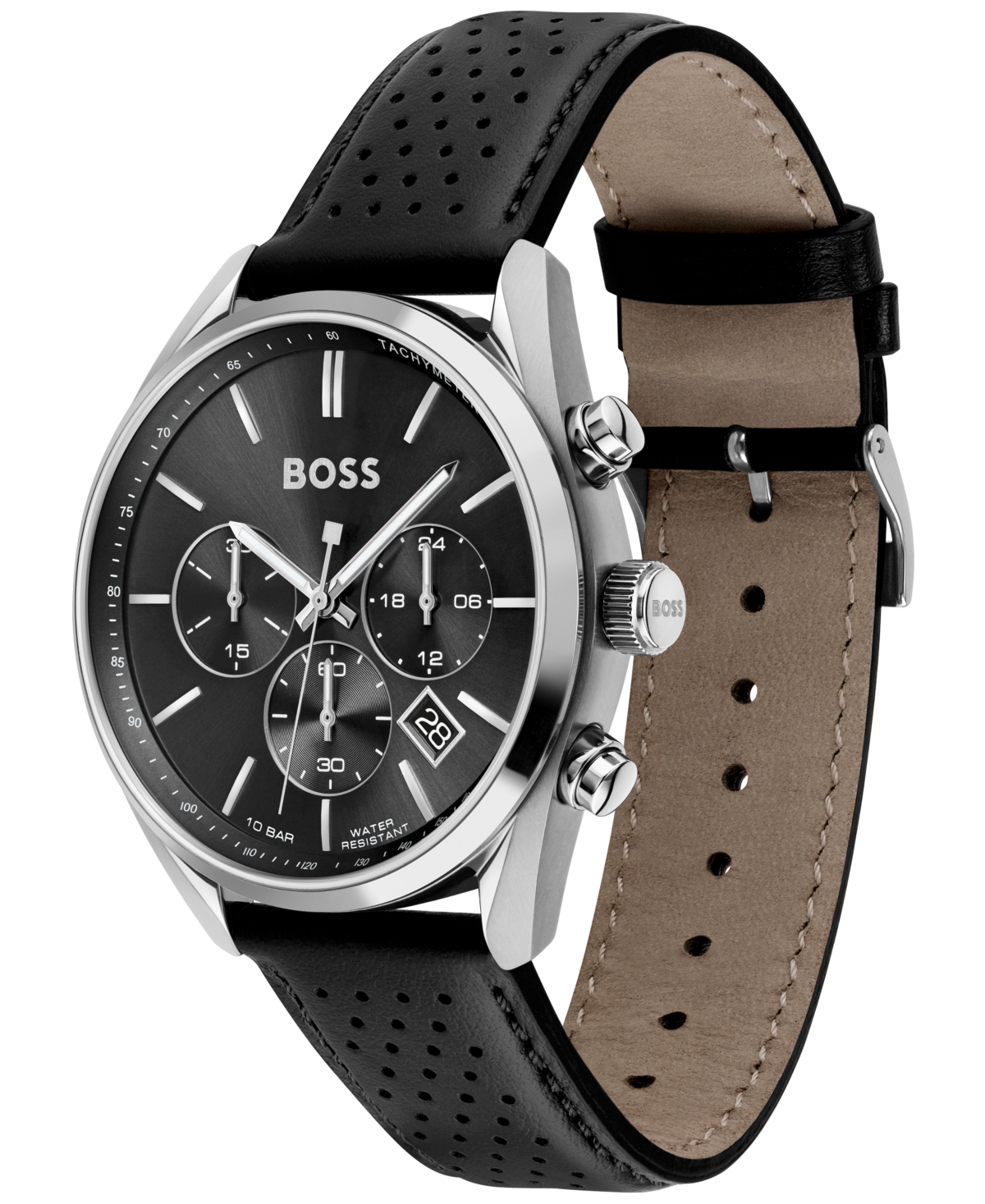 Hugo Boss Men's Chronograph Champion Black Leather Strap Watch 44mm In Black