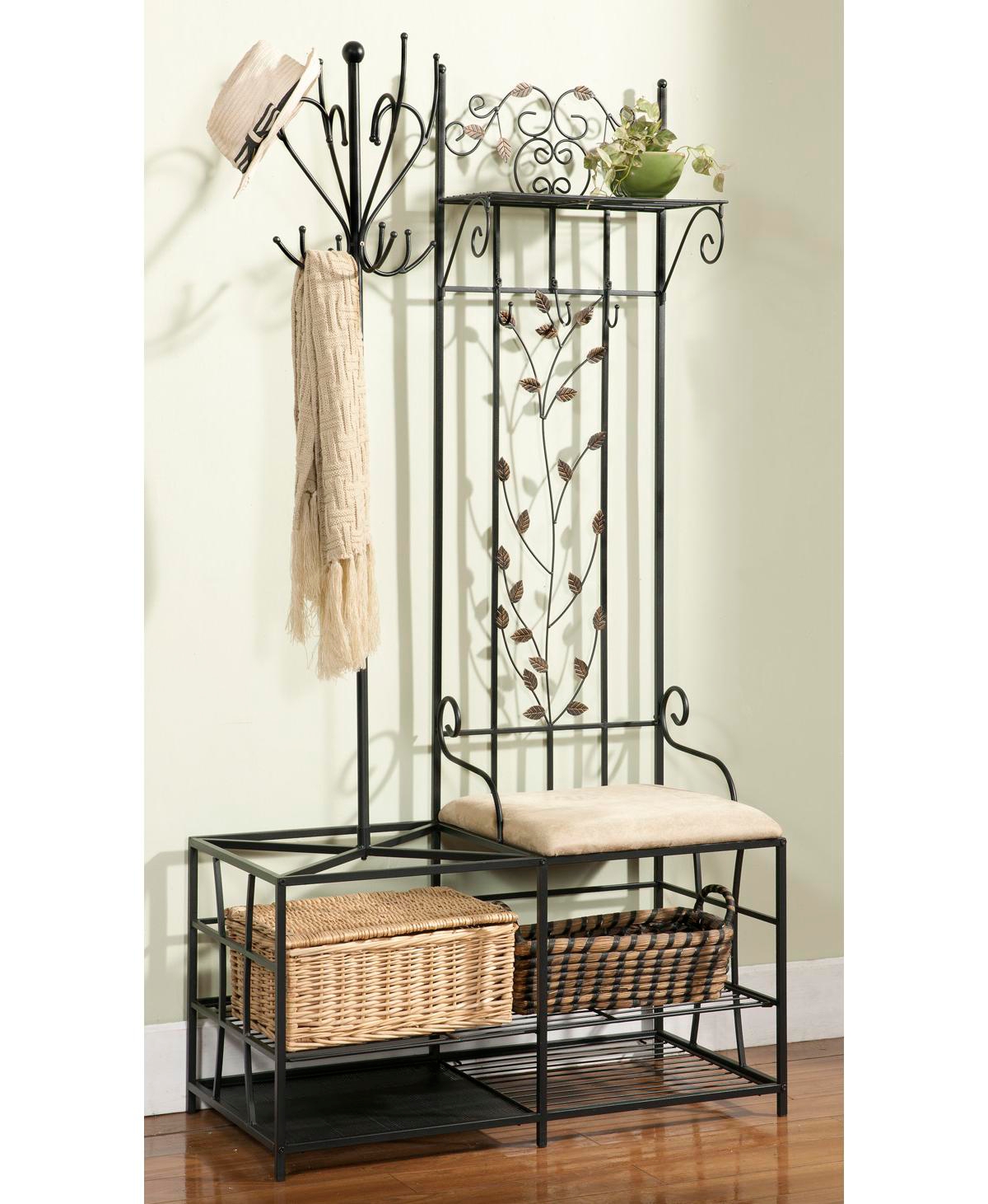 Kings Brand Furniture Traballesi Hall Tree Storage Bench with Coat Rack - Black