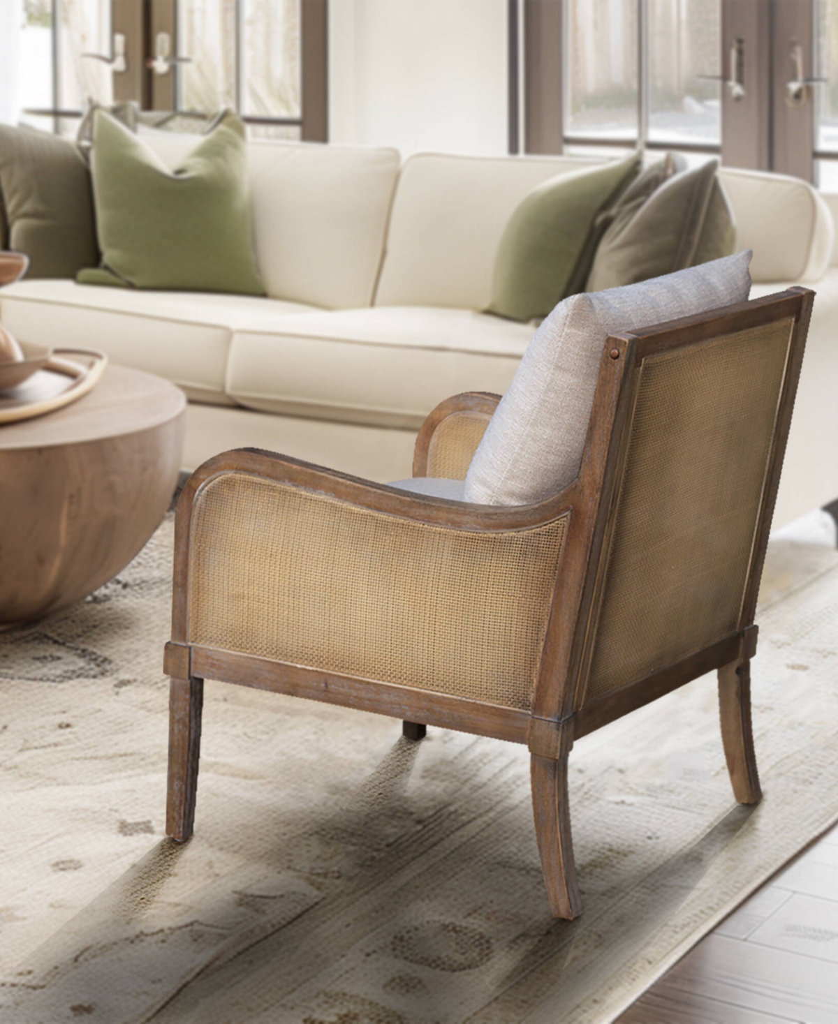Martha Stewart Collection 28" Wood Morgan Wide Cane Accent Chair With Removable Back Cushion In Natural