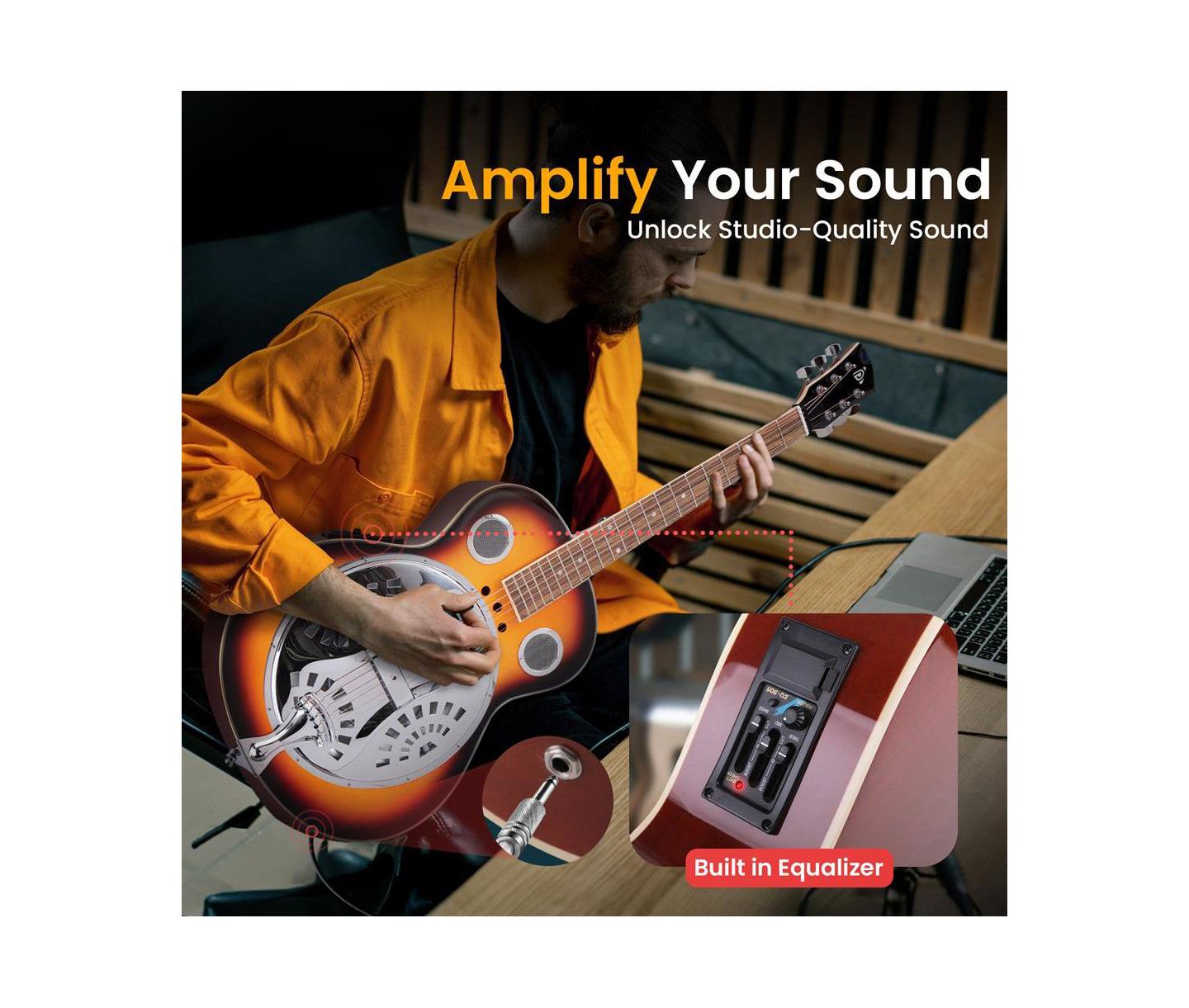 Детские игрушки Pyle Full-Size Built-In Preamplifier Acoustic Resonator Guitar PGA500BR with Accessory Pack, Ages 14 & Up — фото 3