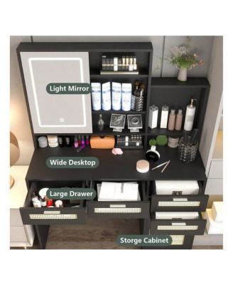 Makeup Vanity With Lights In 3 Colors And Openable Mirror, Vanity Desk With 4 Drawers, 1 Cabinets And Shelves, Vanity Table Rattan Vanity Dresser