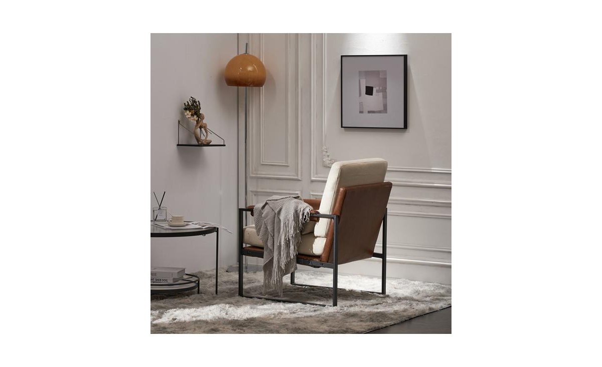SlickblueBrown Honeycomb Leather Armrest Chair - Single Iron Frame Indoor Leisure Chair for Soft Comfort and Style - Beige