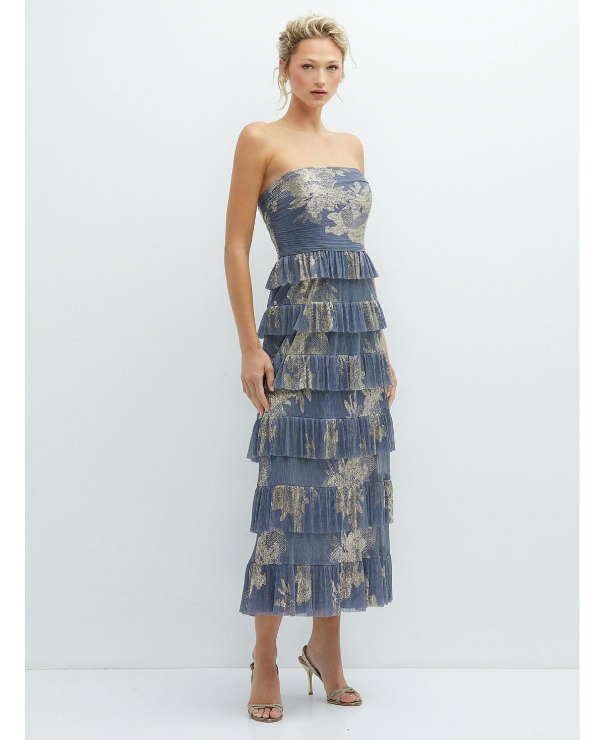 Women's Ruffle Tiered Skirt Metallic Pleated Strapless Midi Dress with Floral Gold Foil Print