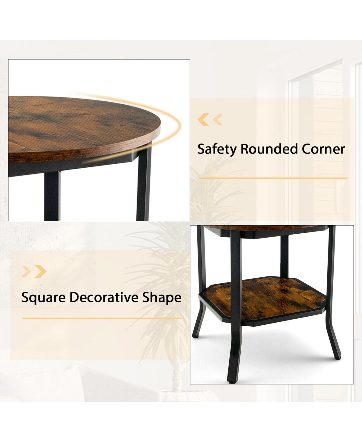 Gymax 2-Tier Sofa End Side Table Nightstand Round Tabletop for Living Room - Rustic brown + black