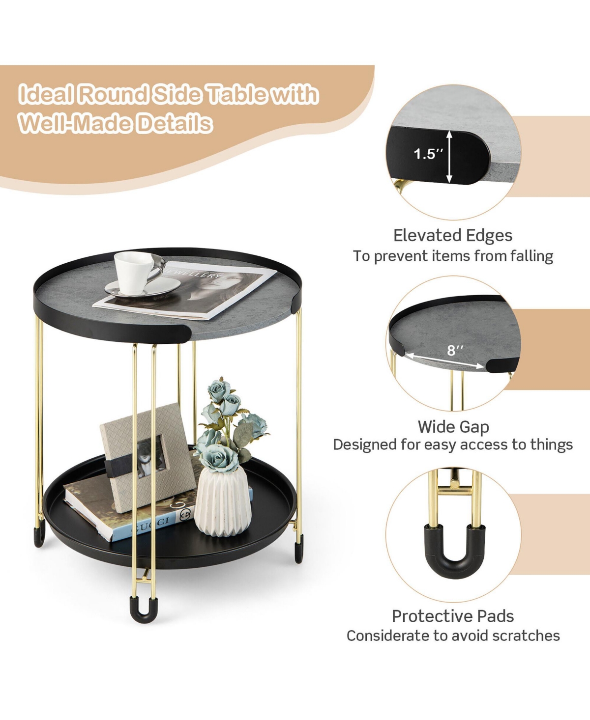 Gymax 2PCS 2-Tier Side End Table Round Nightstand Gold Frame for Living Room - Black + gold + grey