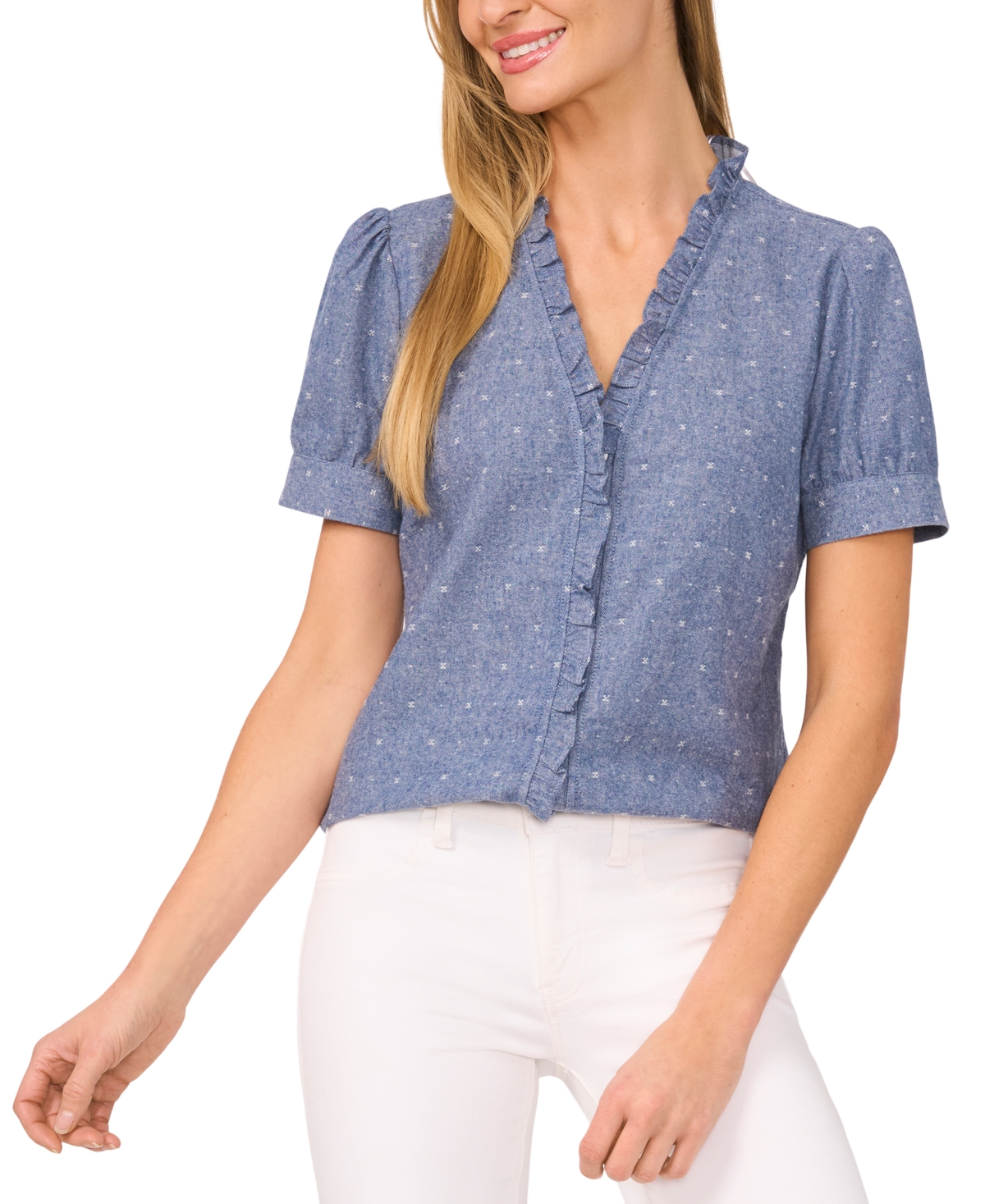 Shop Cece Women's Cotton V-neck Short-sleeve Ruffle-trim Top In Niagara Blue