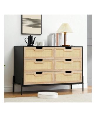 1-Pc 6-Drawer Dresser Wood Rattan Front Metal Legs Spacious Storage Chest