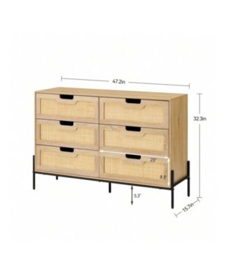 6 Drawers Wood Natural Rattan Drawer With Spacious Storage Dresser
