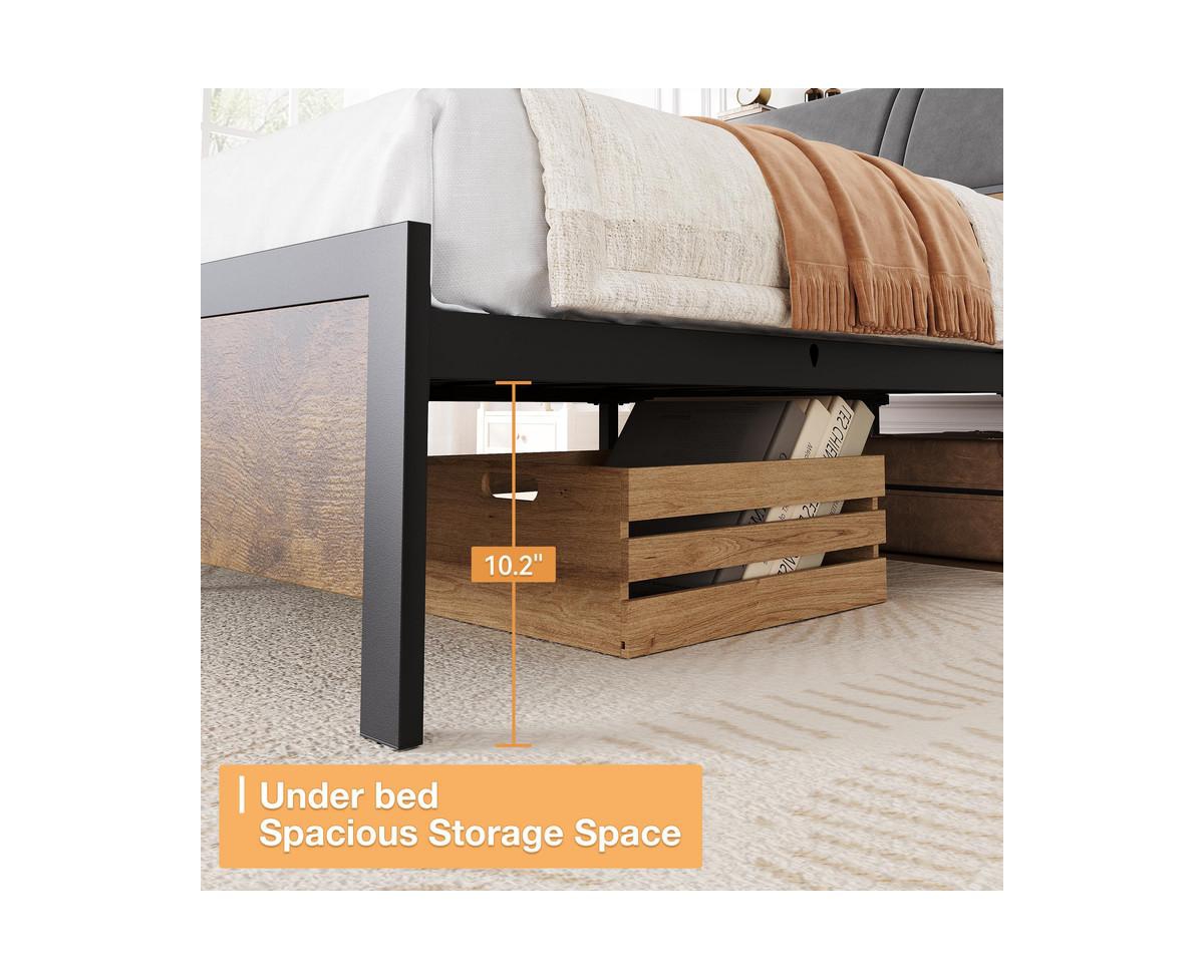 gaomon Size Bed Frame with Ergonomic Headboard and Charging Station, Upholstered Platform Bed, Metal Industrial Bed Frame with Storage, No Box S