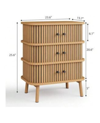 Fluted 3 Drawer Nightstand With Sliding Door, Mid Century Wooden 3 Drawer Dresser, Chest Of Storage Drawer, Side Table For Bedroom