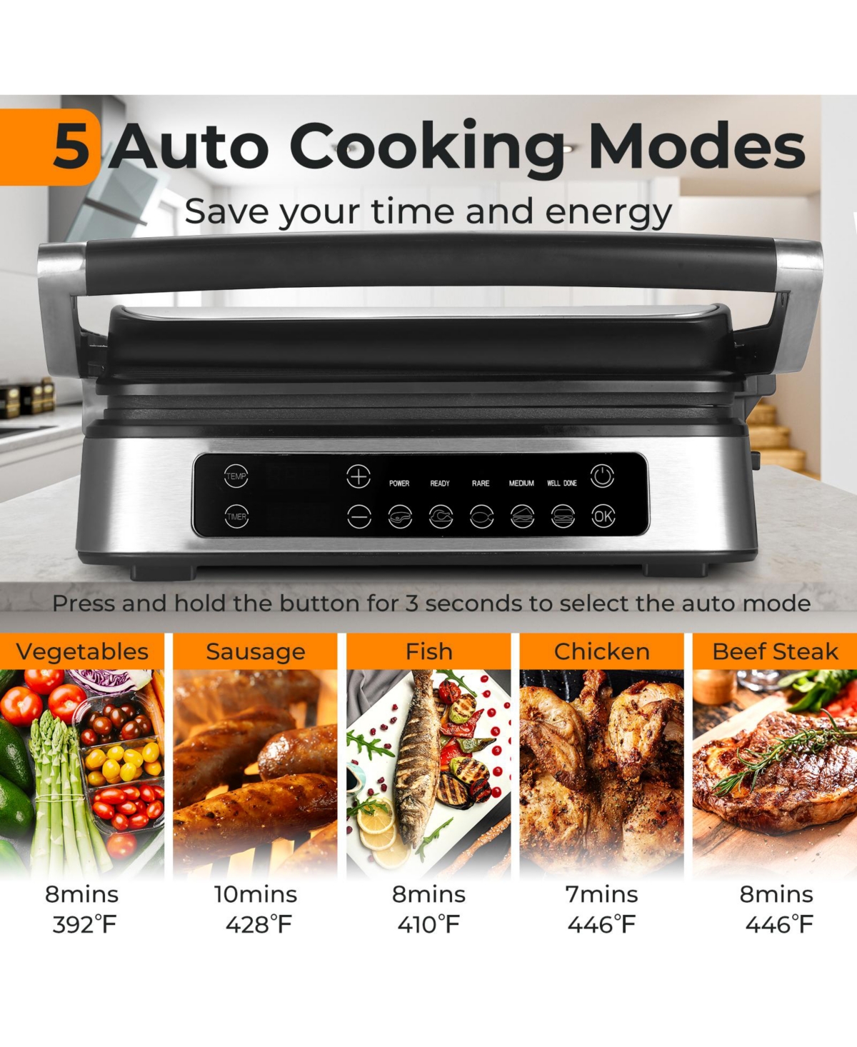 Sugift 3-in-1 Electric Panini Press Grill with Led Display & 5 Auto Modes for Indoor & Outdoor