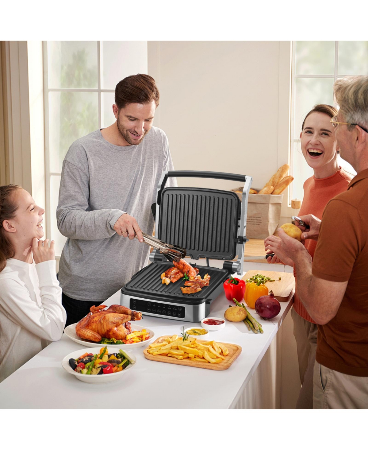 Sugift 3-in-1 Electric Panini Press Grill with Led Display & 5 Auto Modes for Indoor & Outdoor