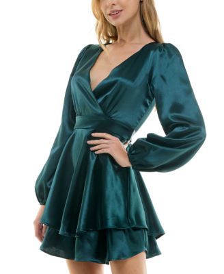 Juniors' Blouson-Sleeve Satin A-Line Dress