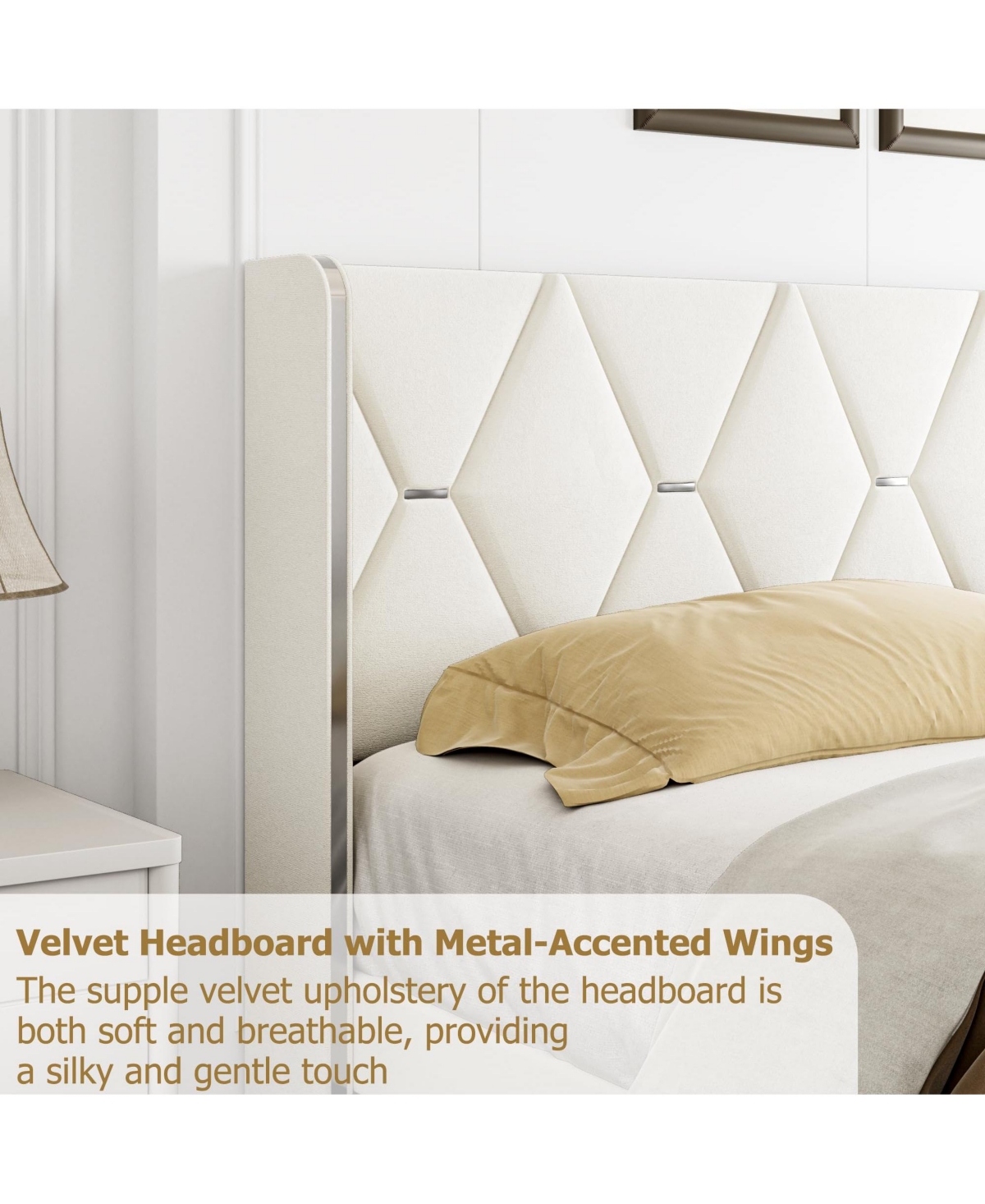 gaomon Bed Frame, Velvet Platform Bed with Wingback Headboard, Upholstered Bed Frame, Solid Wooden Slats Support -khaki