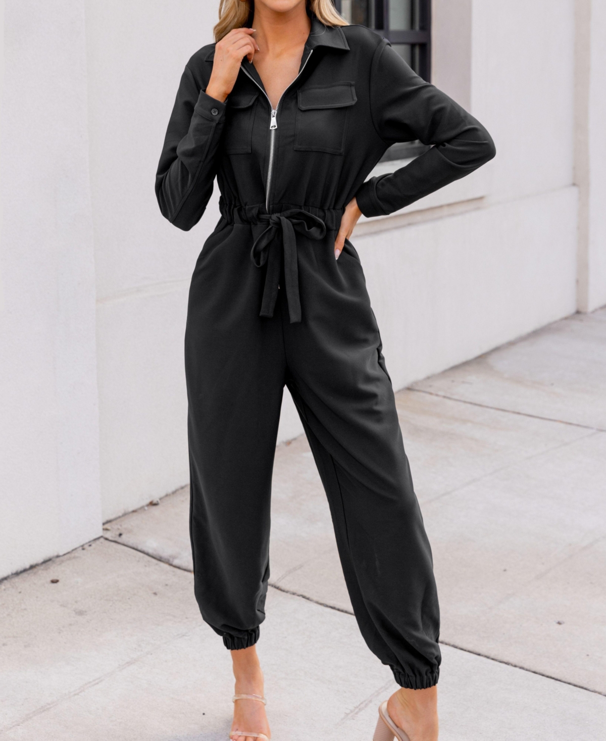 Cupshe Women'sCollared Front Zipper Tapered Leg Jumpsuit - Black