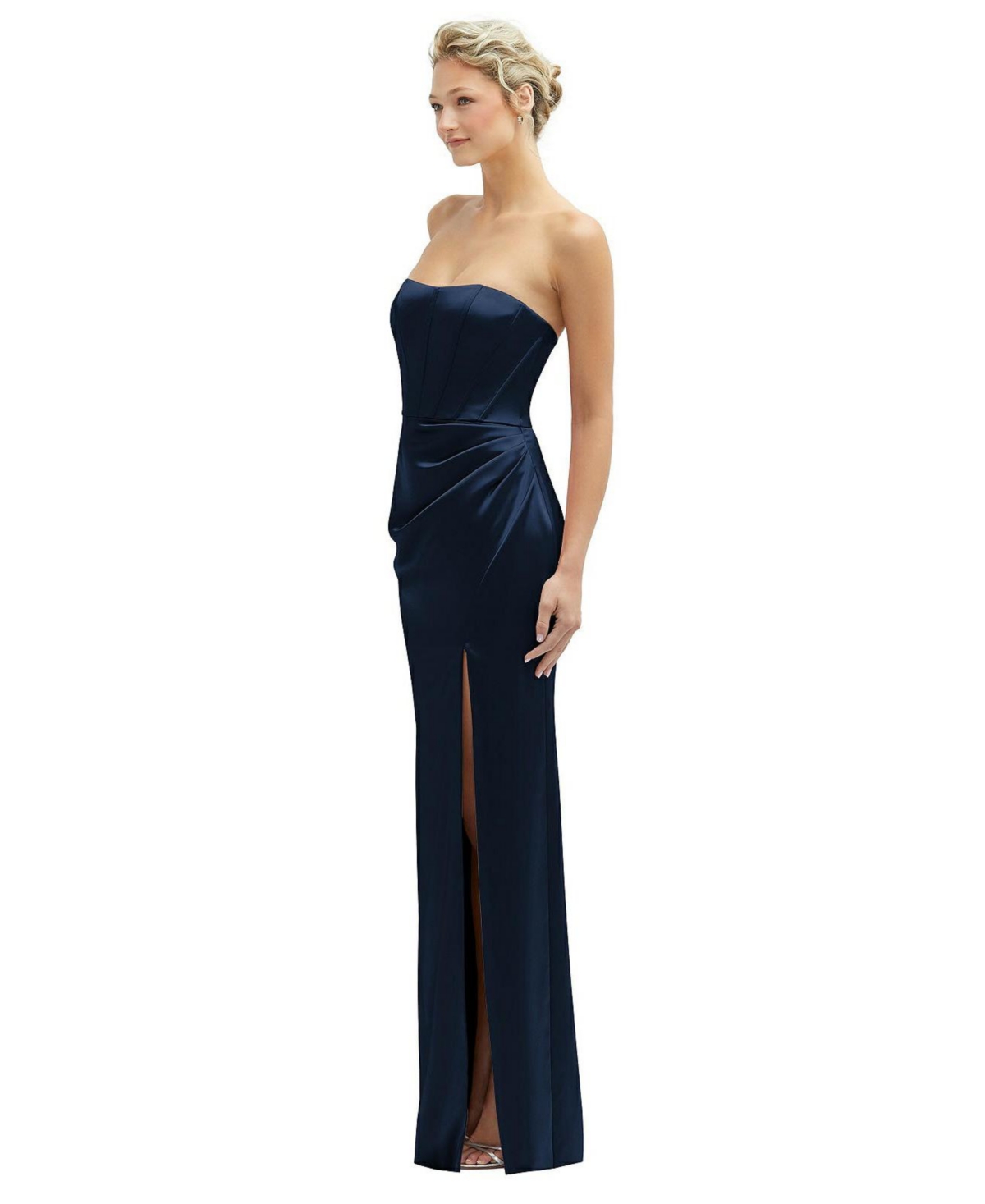 Strapless Topstitched Corset Satin Maxi Dress with Draped Column Skirt