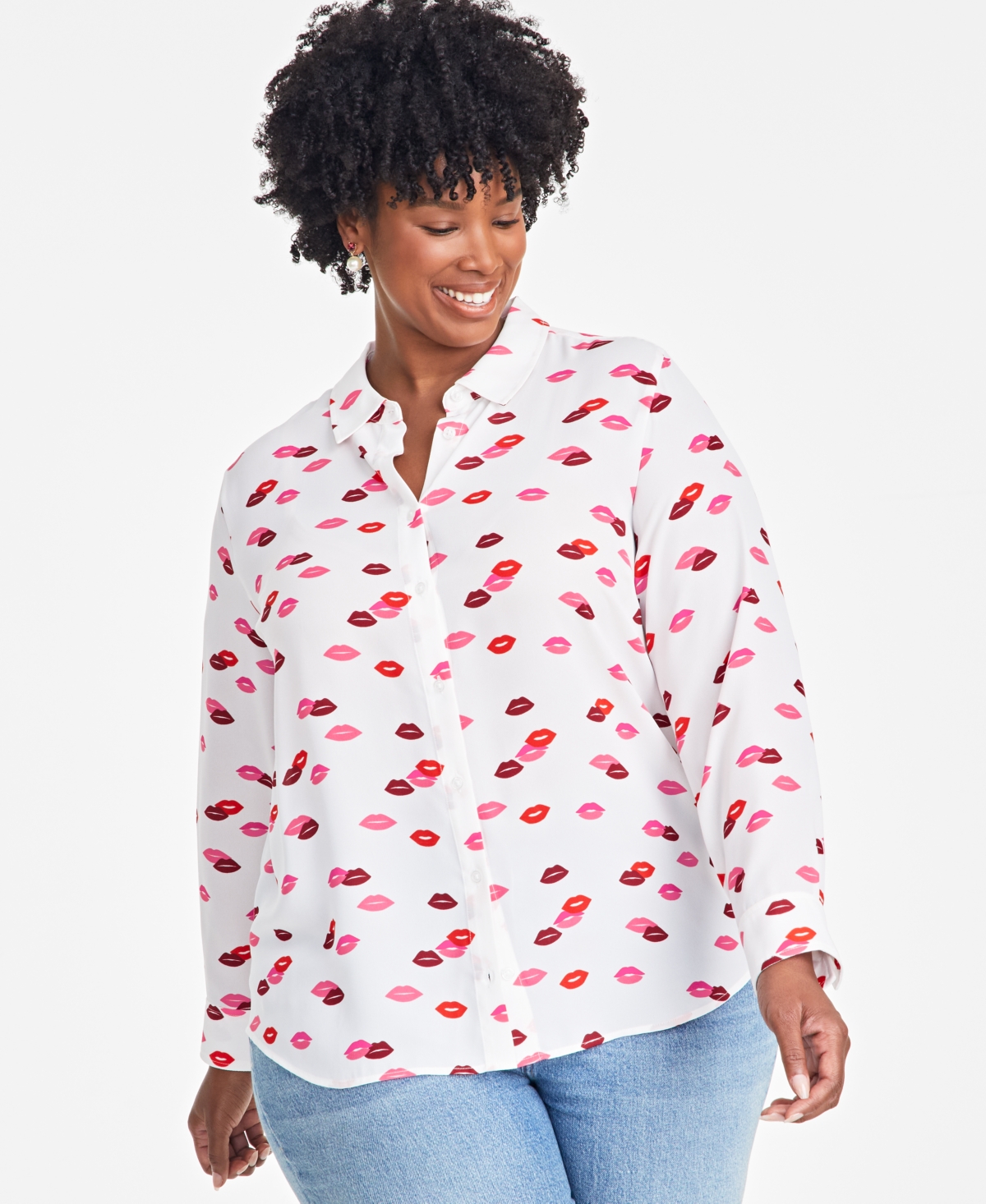 Trendy Plus Size Lip Party Printed Blouse, Exclusively at Macy's - Wash White