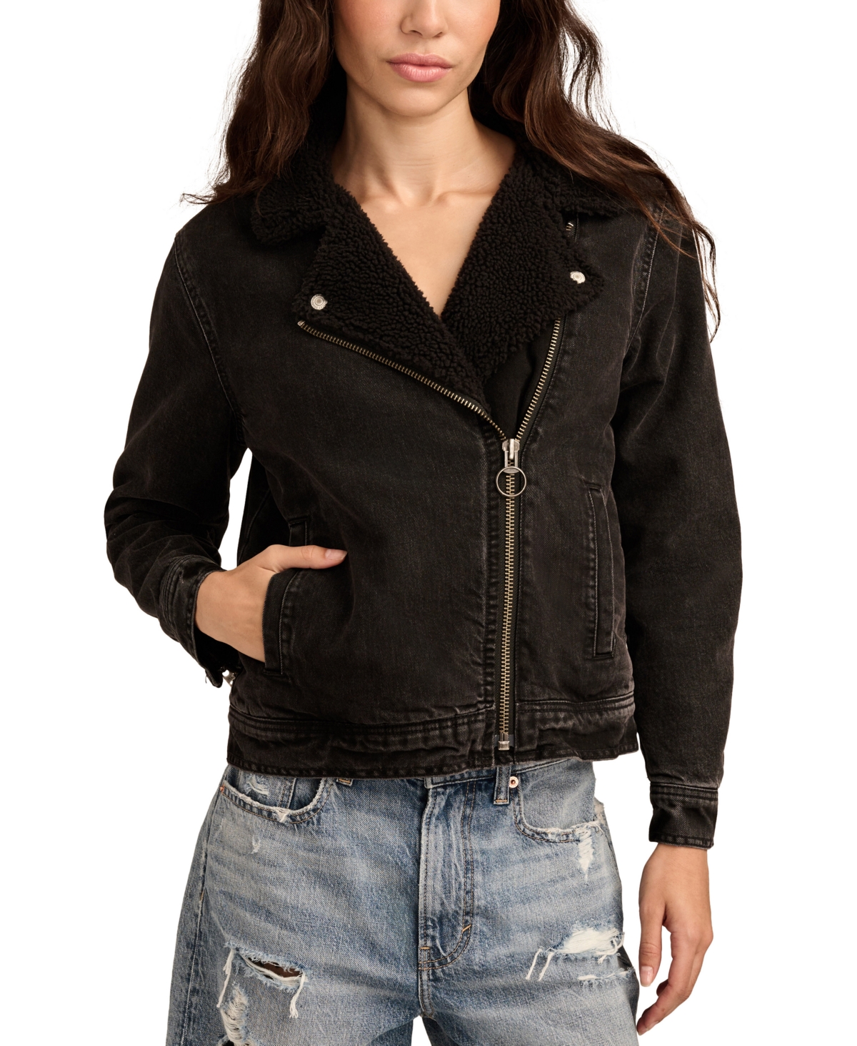Shop Lucky Brand Women's Faux Shearling Denim Moto Jacket In Scratched Record Wash