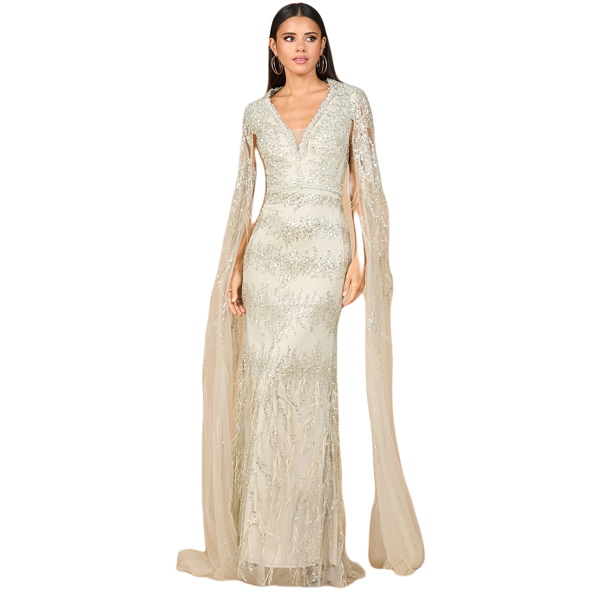 Women's V - Neck Gown with Long Cape Sleeves and Feathers - Sage