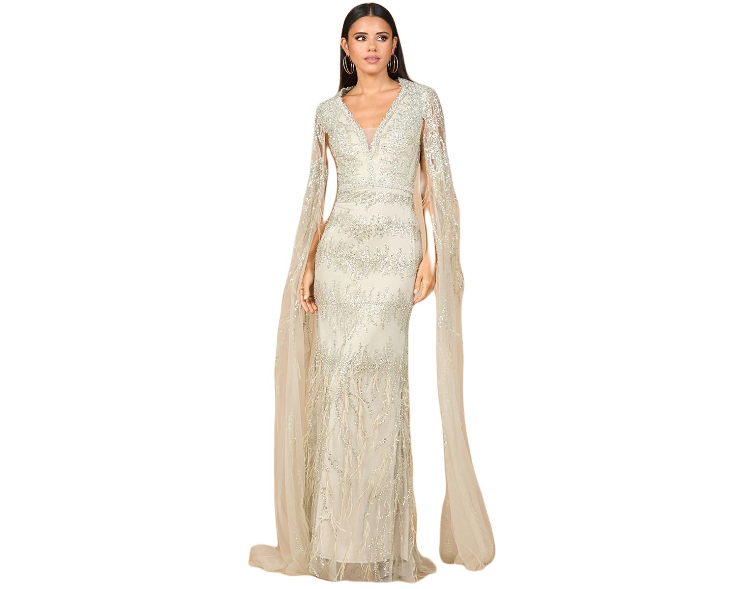 Women's V - Neck Gown with Long Cape Sleeves and Feathers
