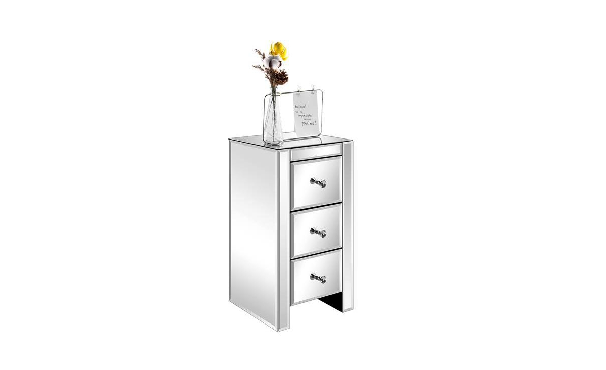 Slickblue S Mirrored Glass Bedside Table with Three Drawers - Elegant Nightstand for Bedroom Storage