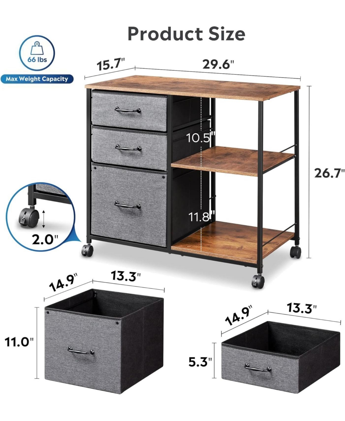 Devaise 3 Drawer Mobile File Cabinet, Rolling Printer Stand with Open Storage Shelf, Fabric Lateral Filing Cabinet fits A4 or Letter Home Off