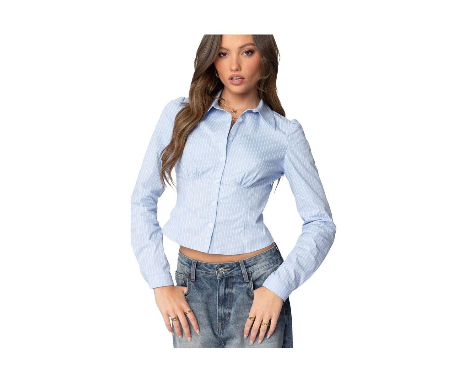 Women's Tailored Pinstripe Button Up Shirt